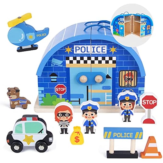woody treasures WOODEN TOYS - 10-PIECE POLICE STATION PLAYSET FOR KIDS 3 YEARS & UP - CHILDREN'S INTERACTIVE ROLE PLAY / PRETEND PLAY - TODDLER TOYS FOR BOYS & GIRLS - WITH CARRY CASE - Image 1